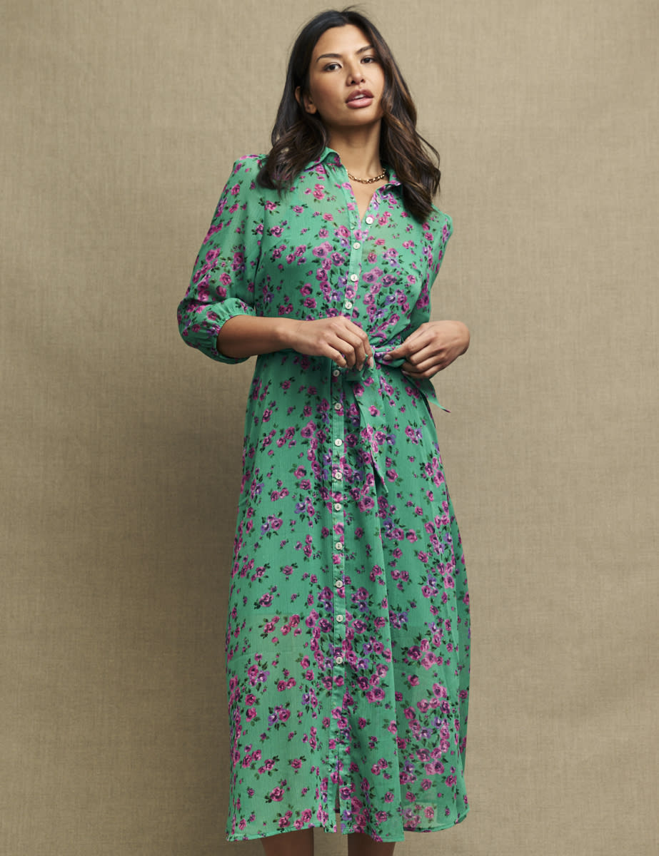Green & Pink Floral Chiffon Malika Midi Dress