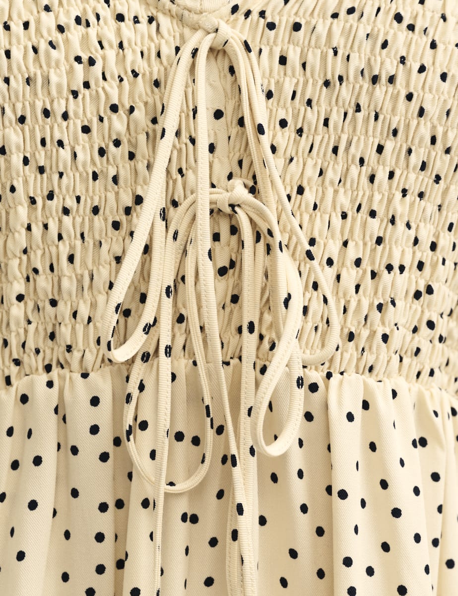 Cream Spot Shirred Bodice Leiza Midi Dress