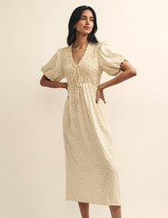 Cream Spot Shirred Bodice Leiza Midi Dress