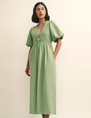 Sage Green Shirred Bodice Leiza Midi Dress