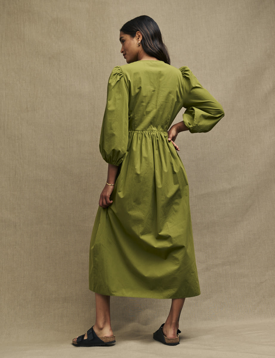 Olive Green Balloon Sleeve Ria Midi Dress