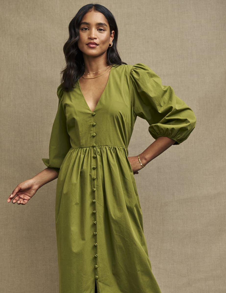 Olive Green Balloon Sleeve Ria Midi Dress