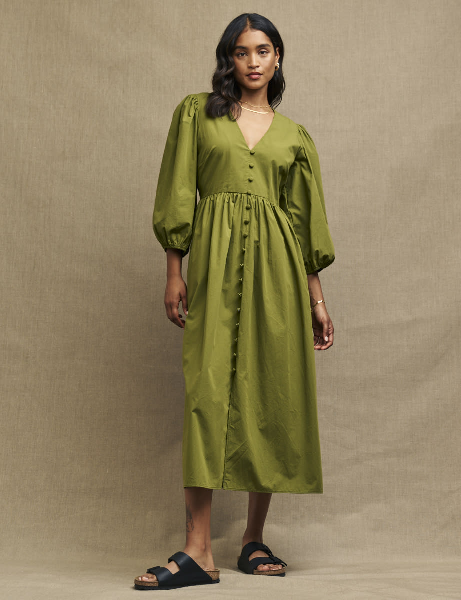 Olive Green Balloon Sleeve Ria Midi Dress