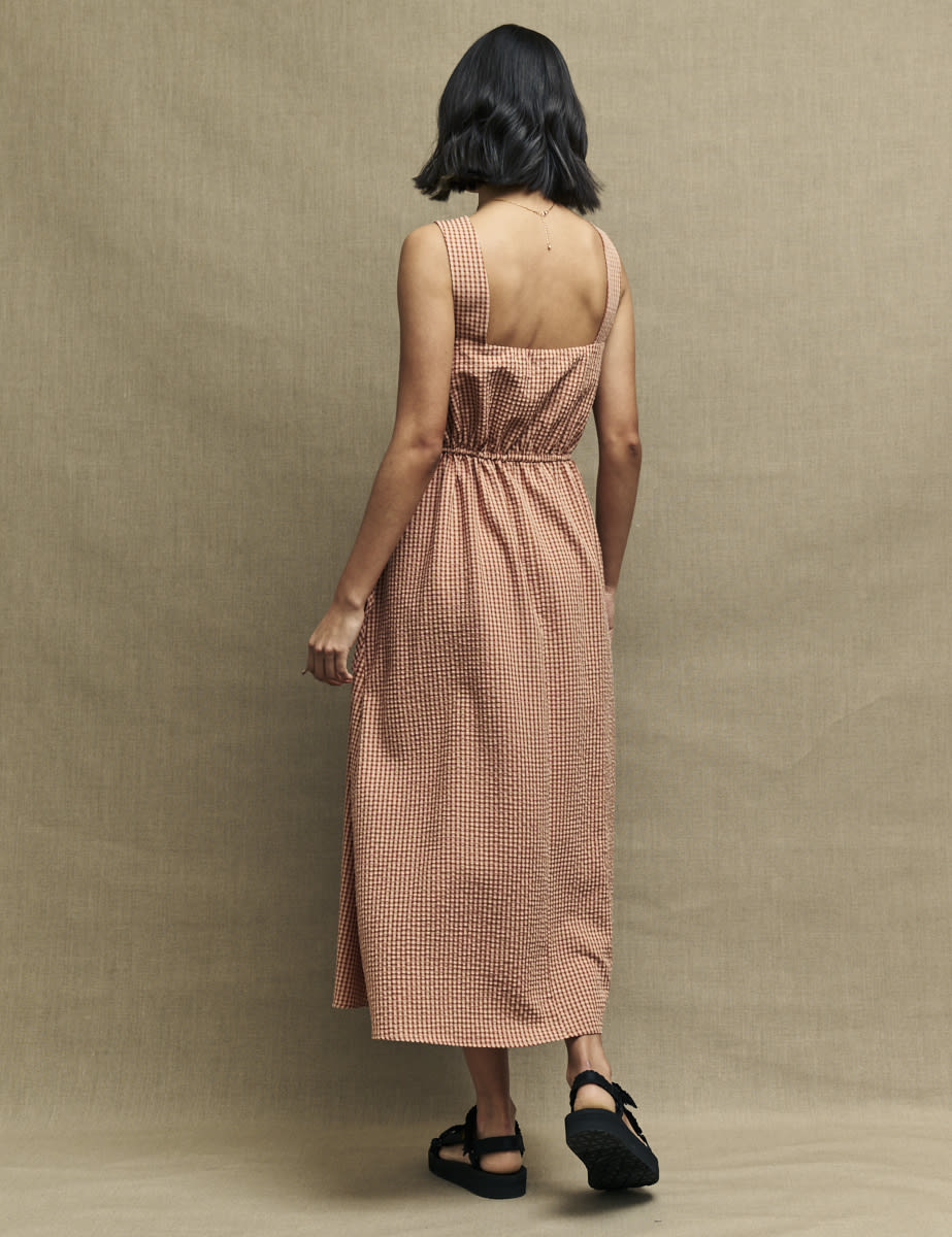 Brown Gingham Check Zainub Pinafore Midi Dress