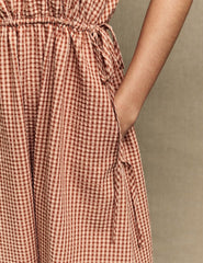 Brown Gingham Check Zainub Pinafore Midi Dress