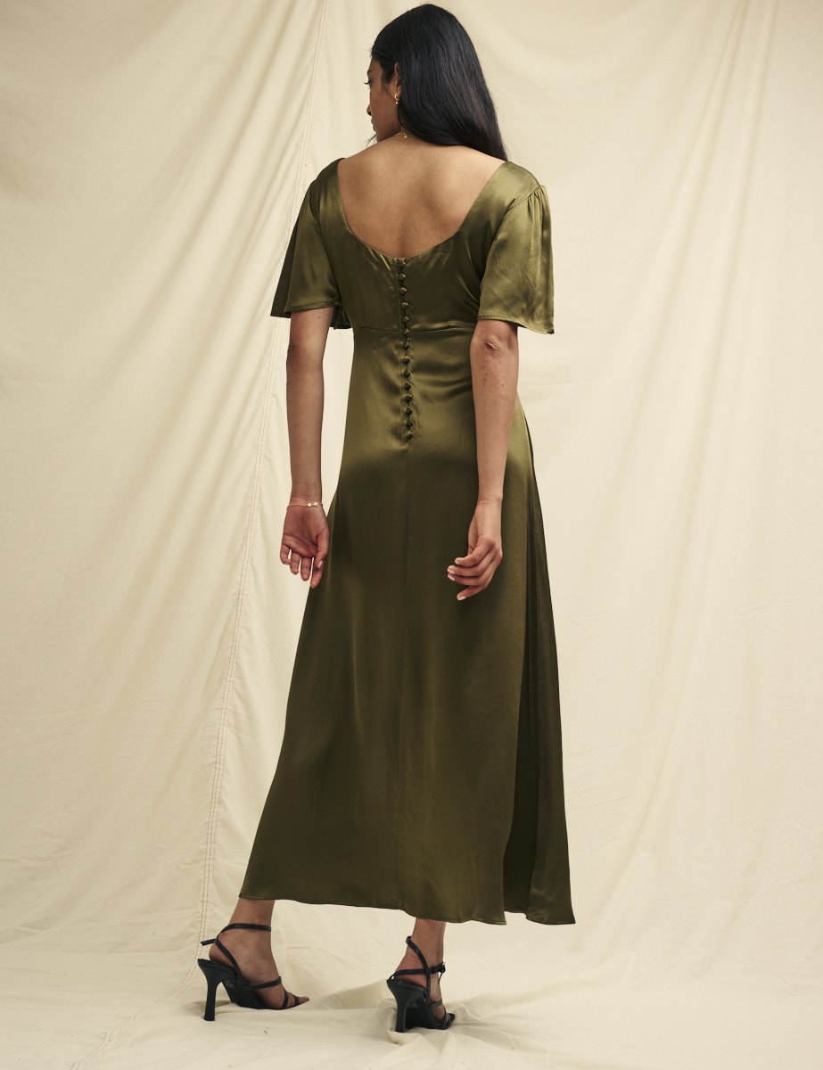 Olive Green Satin Bridesmaid Becca Midaxi Dress