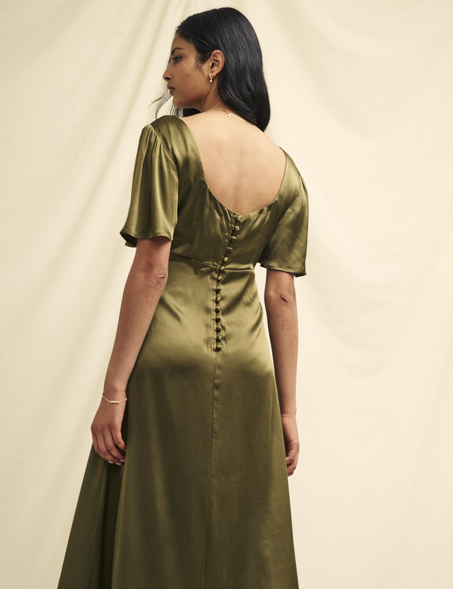 Olive Green Satin Bridesmaid Becca Midaxi Dress