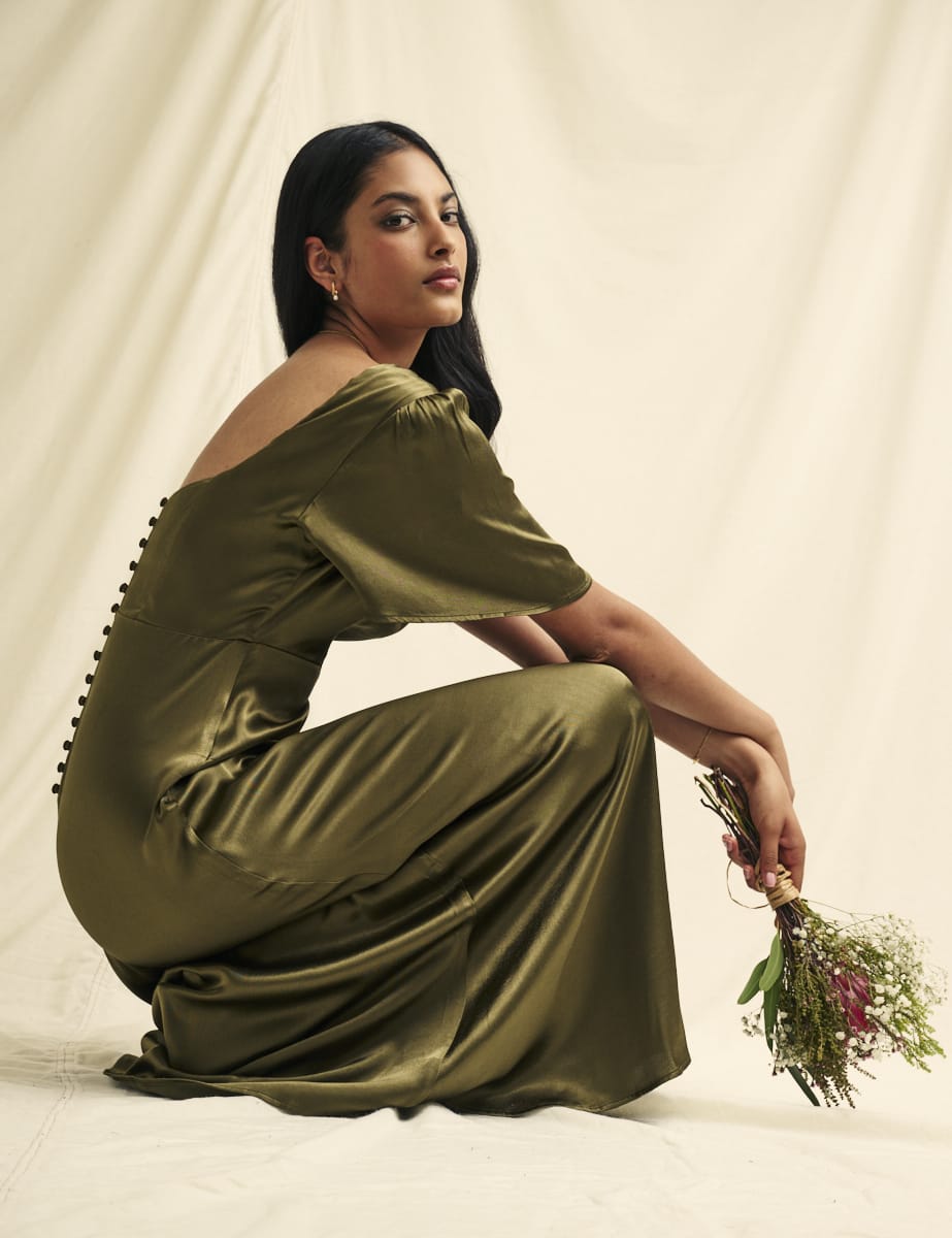 Olive Green Satin Bridesmaid Becca Midaxi Dress