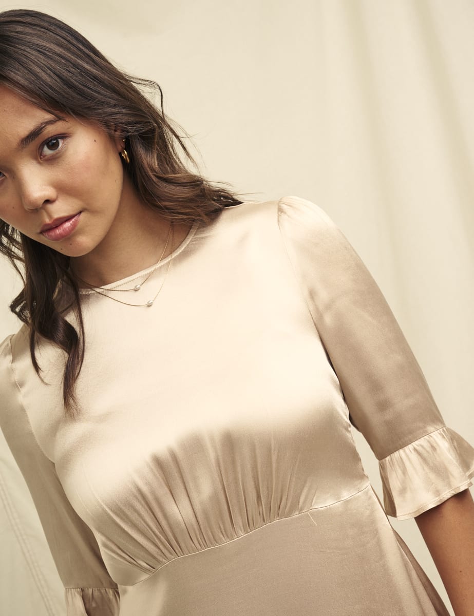 Champagne Satin Fleur Bridesmaid Midaxi Dress