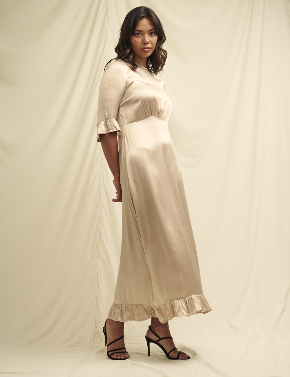 Champagne Satin Fleur Bridesmaid Midaxi Dress