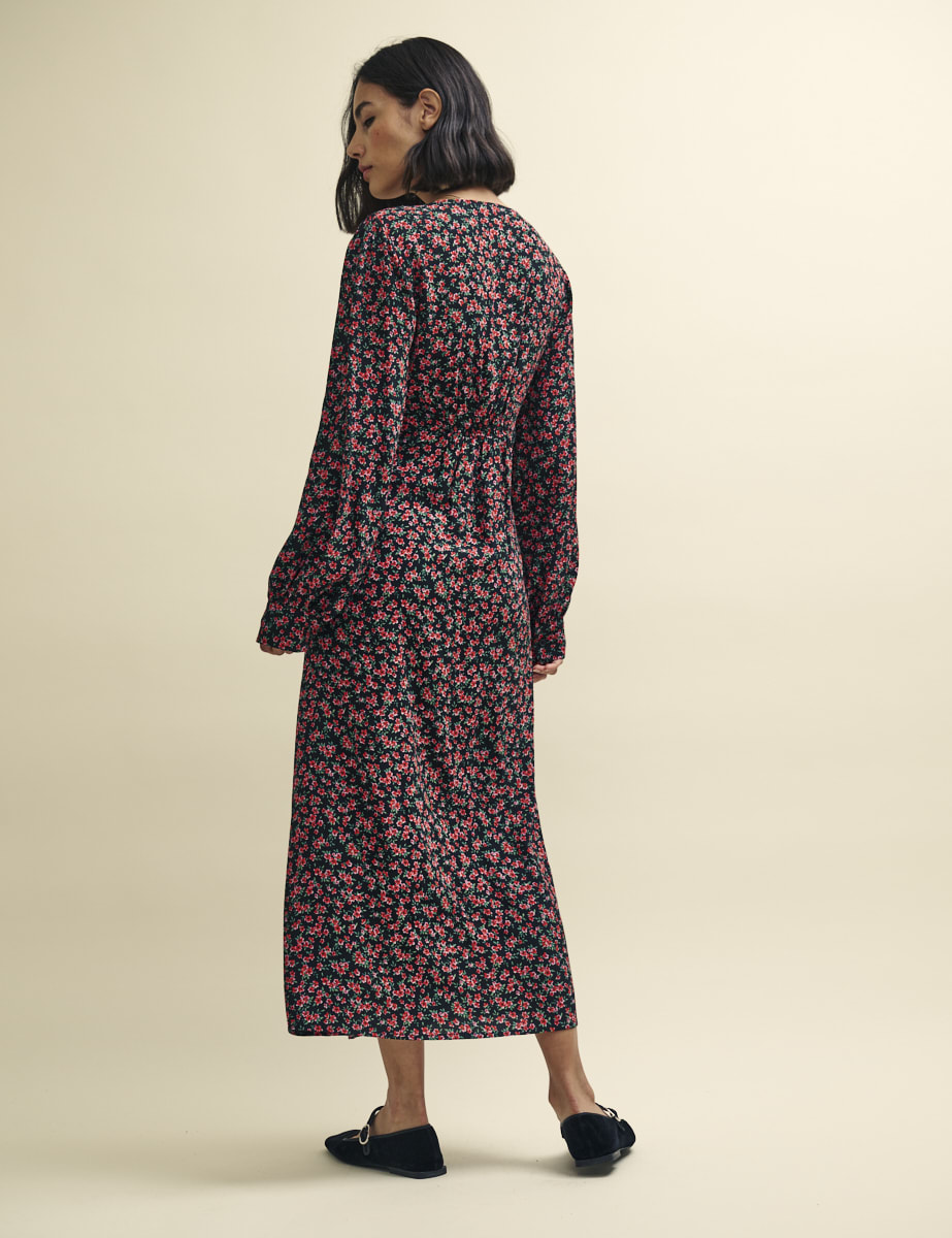 Black and Red Poppy Print Tasha Midi Dress
