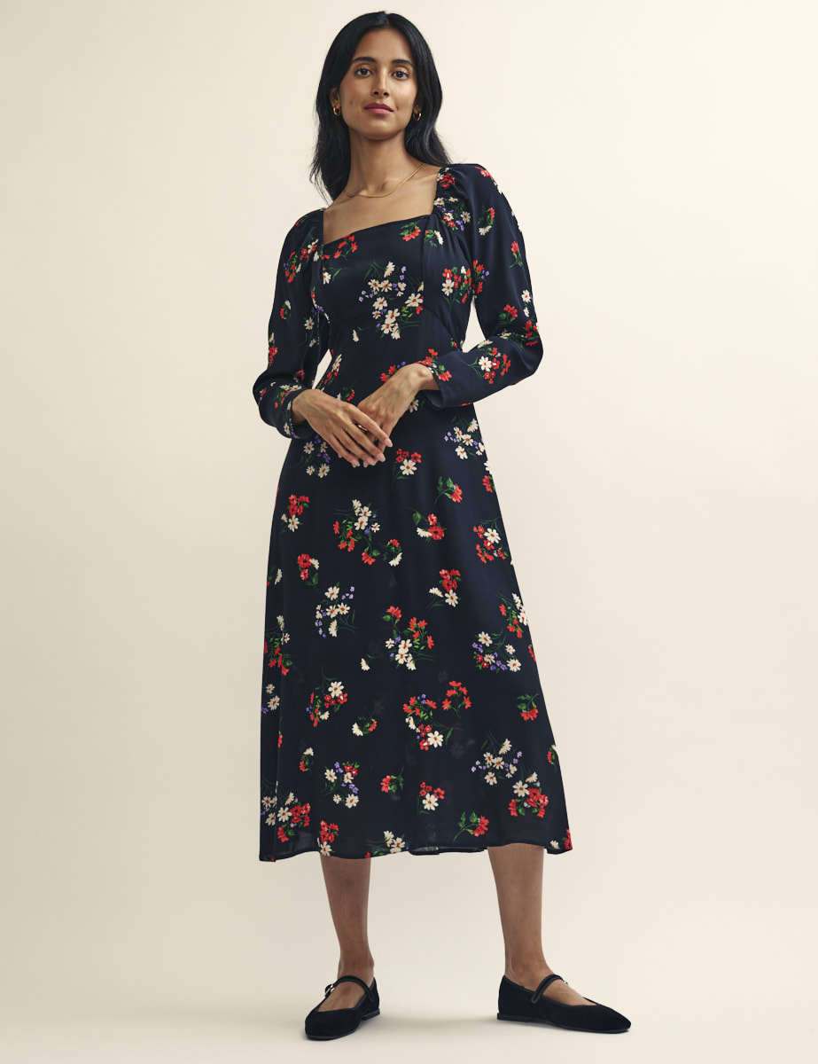 Black Wildflower Print Abby Midi Dress