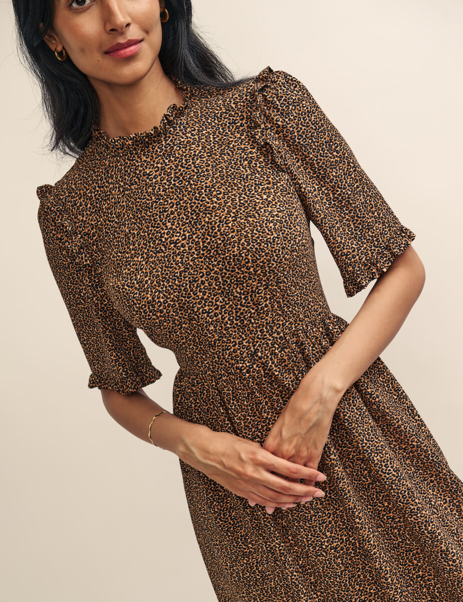 Leopard Print Ruffle Trimmed Ivy Midi Dress