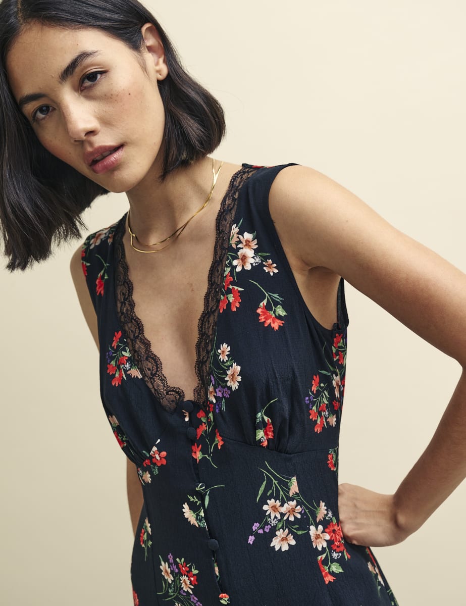 Black Wildflower Print Joni Midi Dress