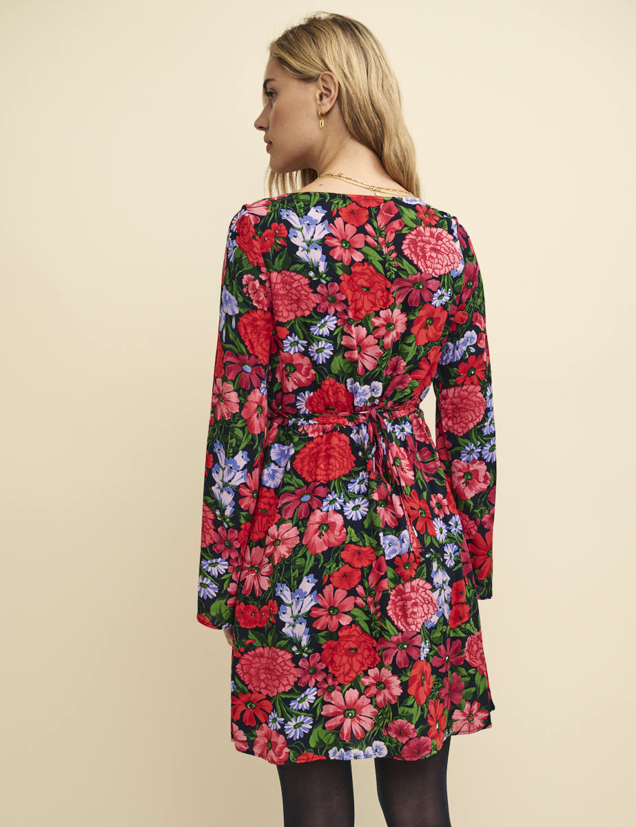 Black and Red Floral Flute Sleeve Layla Mini Dress