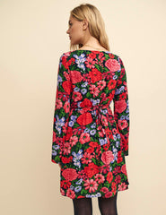Black and Red Floral Flute Sleeve Layla Mini Dress