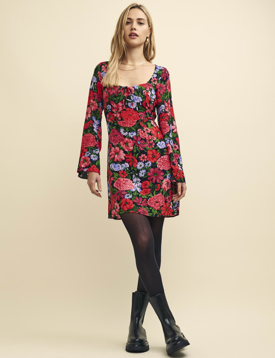 Black and Red Floral Flute Sleeve Layla Mini Dress