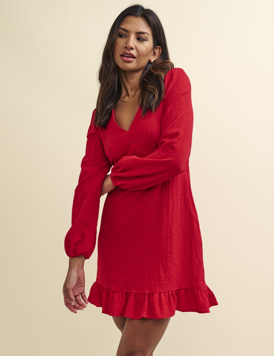 Red Crinkle Delilah Long Sleeve Mini Dress