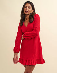 Red Crinkle Delilah Long Sleeve Mini Dress