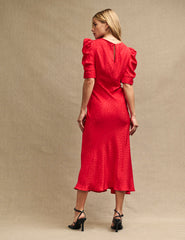 Red Satin Jacquard Moira Midi Dress