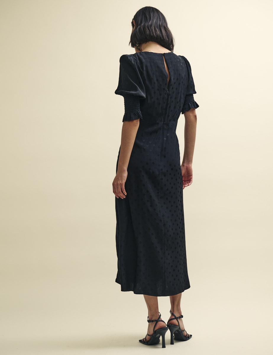 Black Satin Jacquard Luna Midi Dress