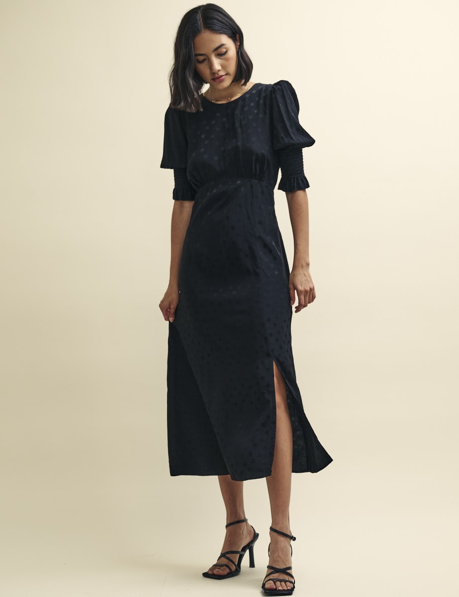 Black Satin Jacquard Luna Midi Dress