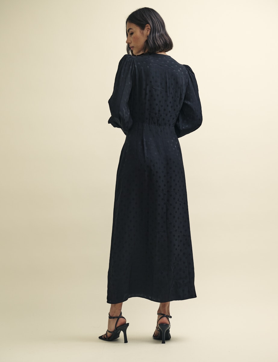 Black Satin Spot Jacquard Tasha Midi Dress
