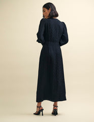 Black Satin Spot Jacquard Tasha Midi Dress