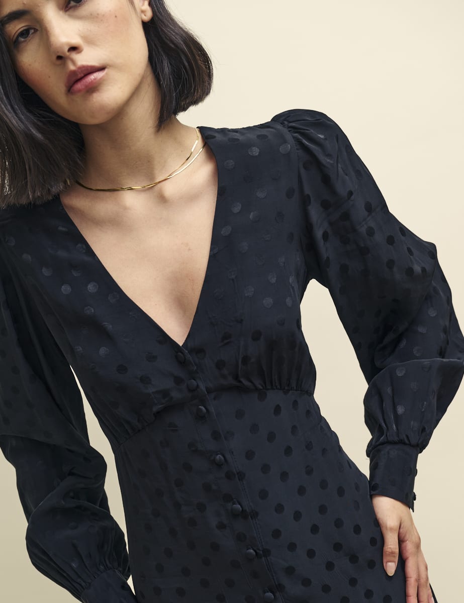 Black Satin Spot Jacquard Tasha Midi Dress