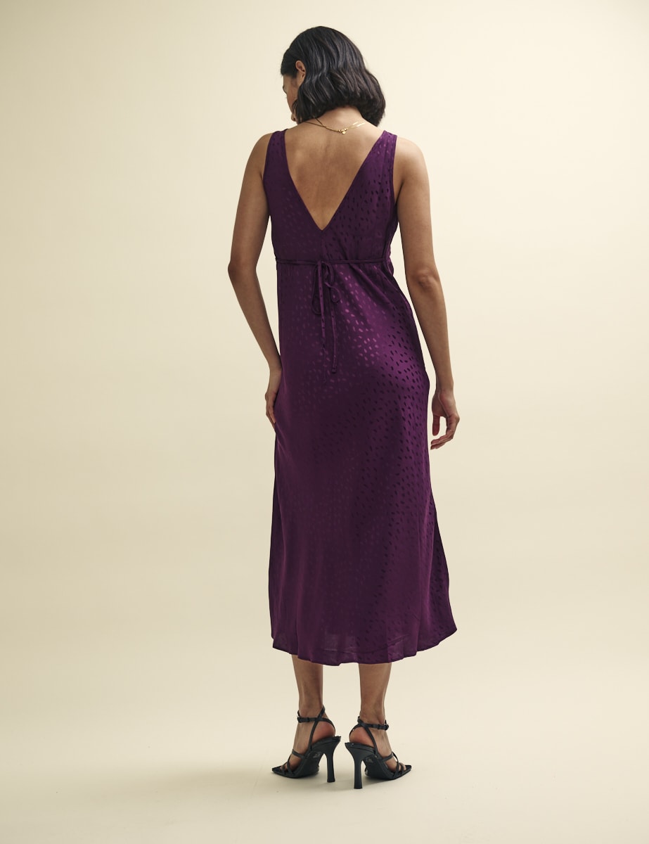 Purple Satin Jacquard Spot Helena Midi Dress