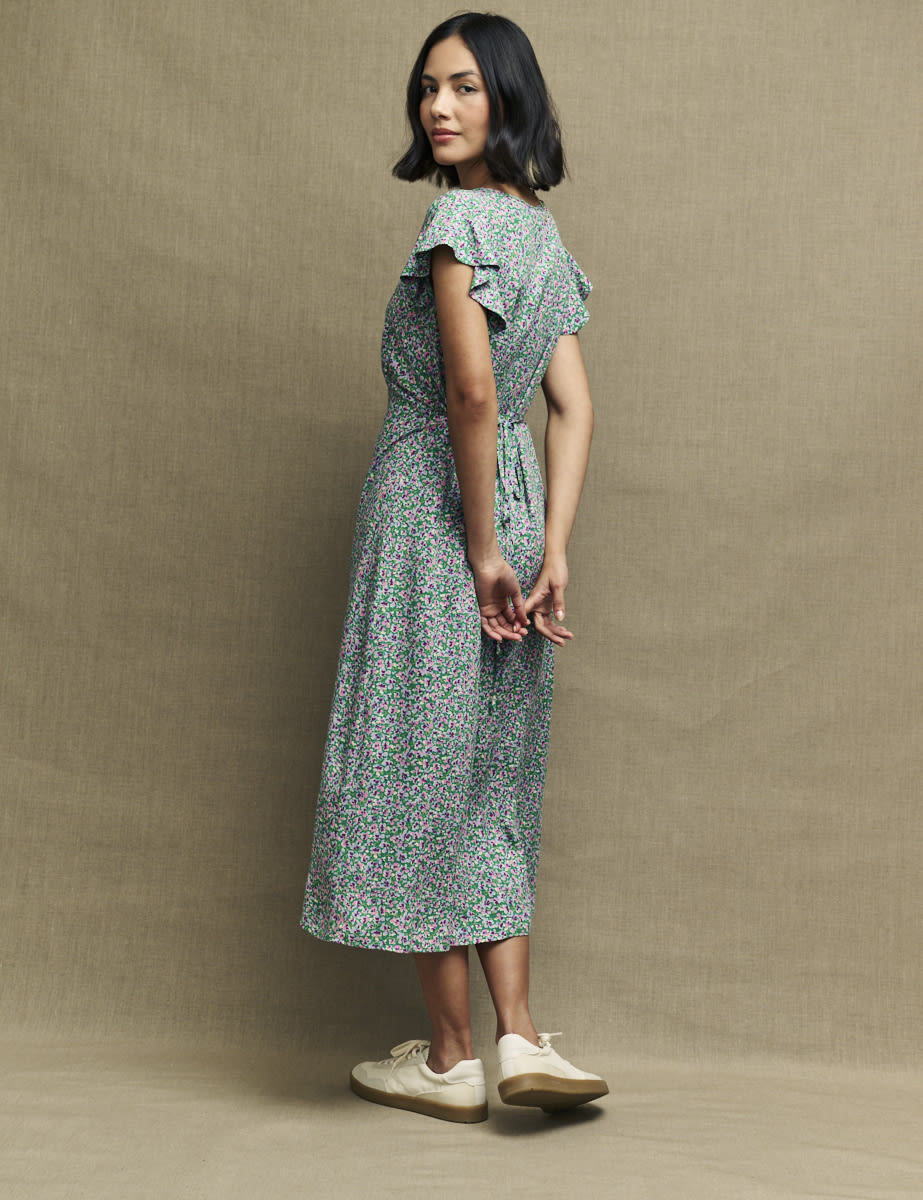 Green Pansie Print Lily Midi Tea Dress
