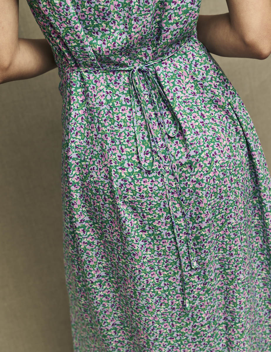 Green Pansie Print Lily Midi Tea Dress