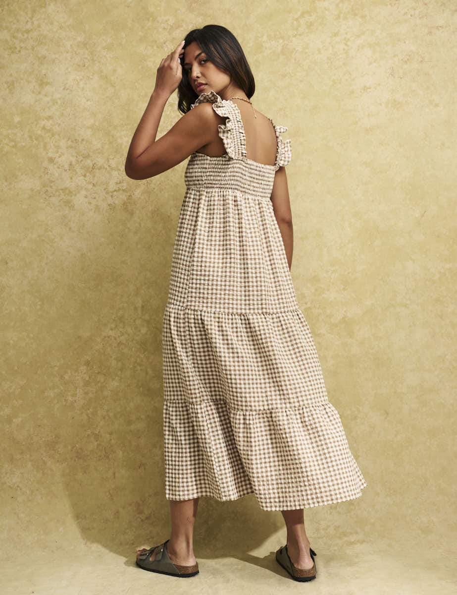 Brown Gingham Check Maya Midi Dress