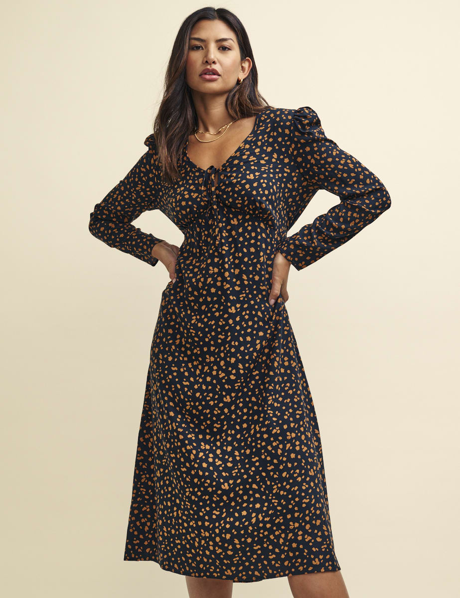 Black and Orange Spot Print Long Sleeve Lily Midi Dress