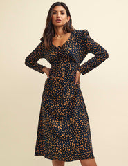 Black and Orange Spot Print Long Sleeve Lily Midi Dress