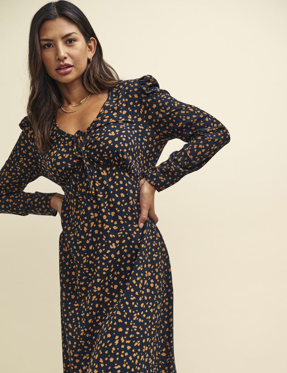 Black and Orange Spot Print Long Sleeve Lily Midi Dress