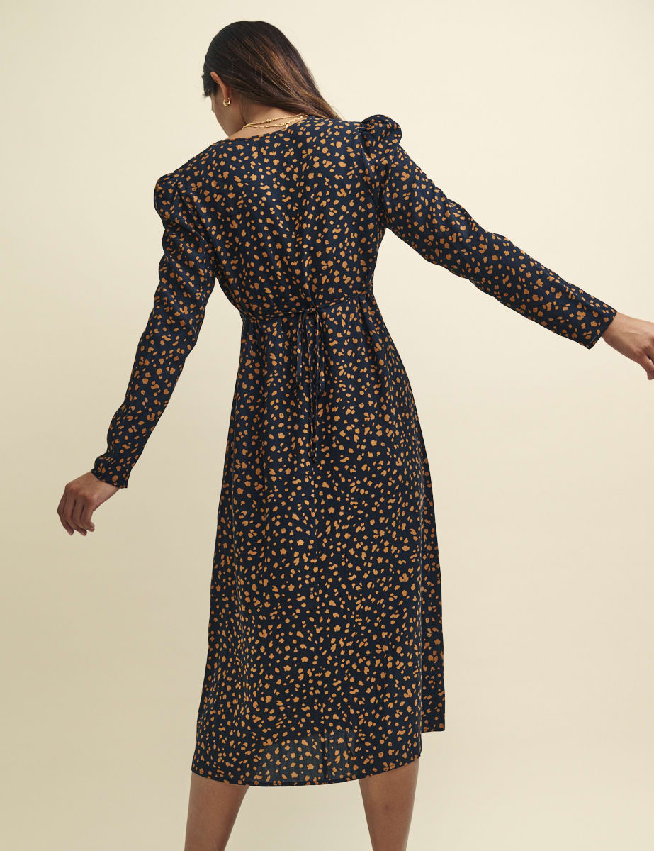 Black and Orange Spot Print Long Sleeve Lily Midi Dress