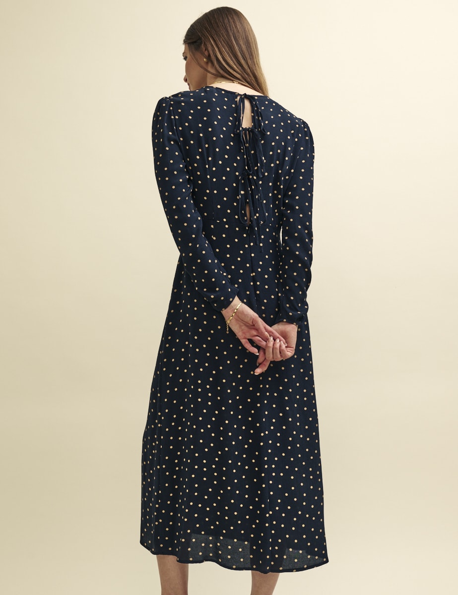 Black Spot Print Long Sleeve Sienna Midi Dress
