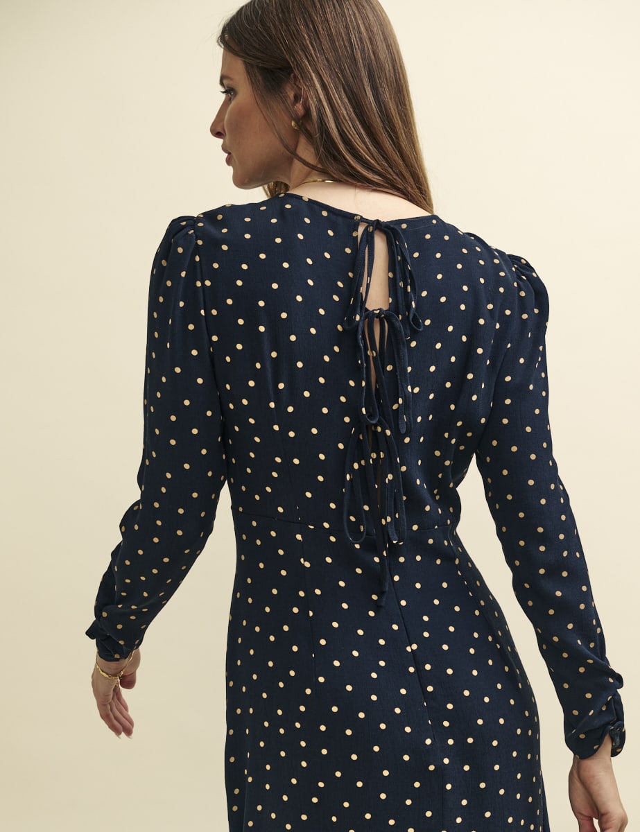 Black Spot Print Long Sleeve Sienna Midi Dress