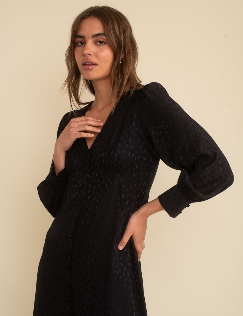 Black Satin Jacquard V-Neck Tasha Midi Dress