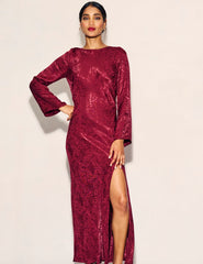 Petite Burgundy Satin Jacquard Sydney Maxi Dress