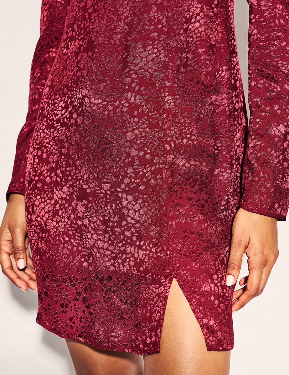 Burgundy Satin Jacquard Valentina Long Sleeve Mini Dress