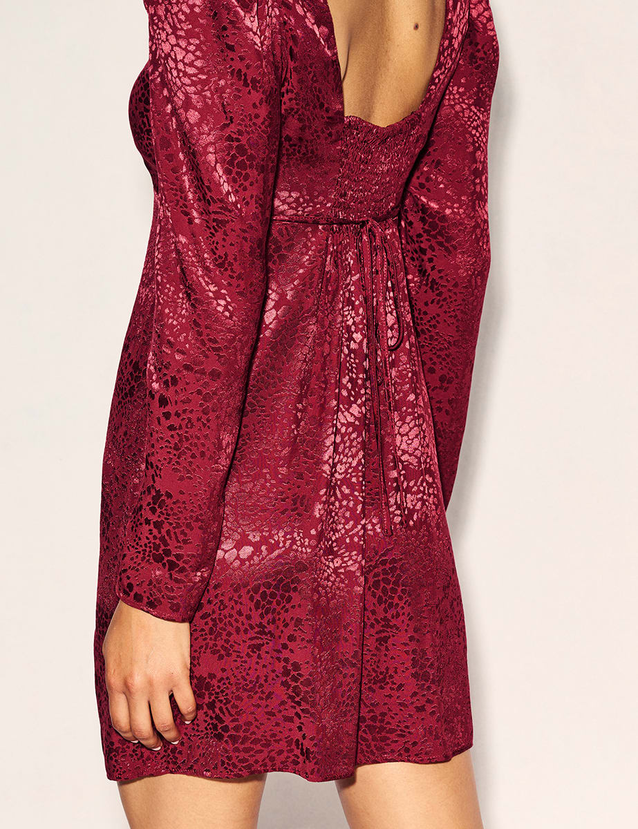 Burgundy Satin Jacquard Valentina Long Sleeve Mini Dress