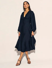 Black Balloon Sleeve V-Neck Raye Midi Dress