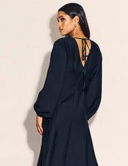 Black Balloon Sleeve V-Neck Raye Midi Dress
