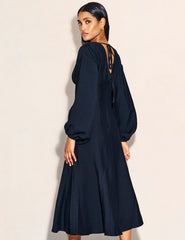 Black Balloon Sleeve V-Neck Raye Midi Dress