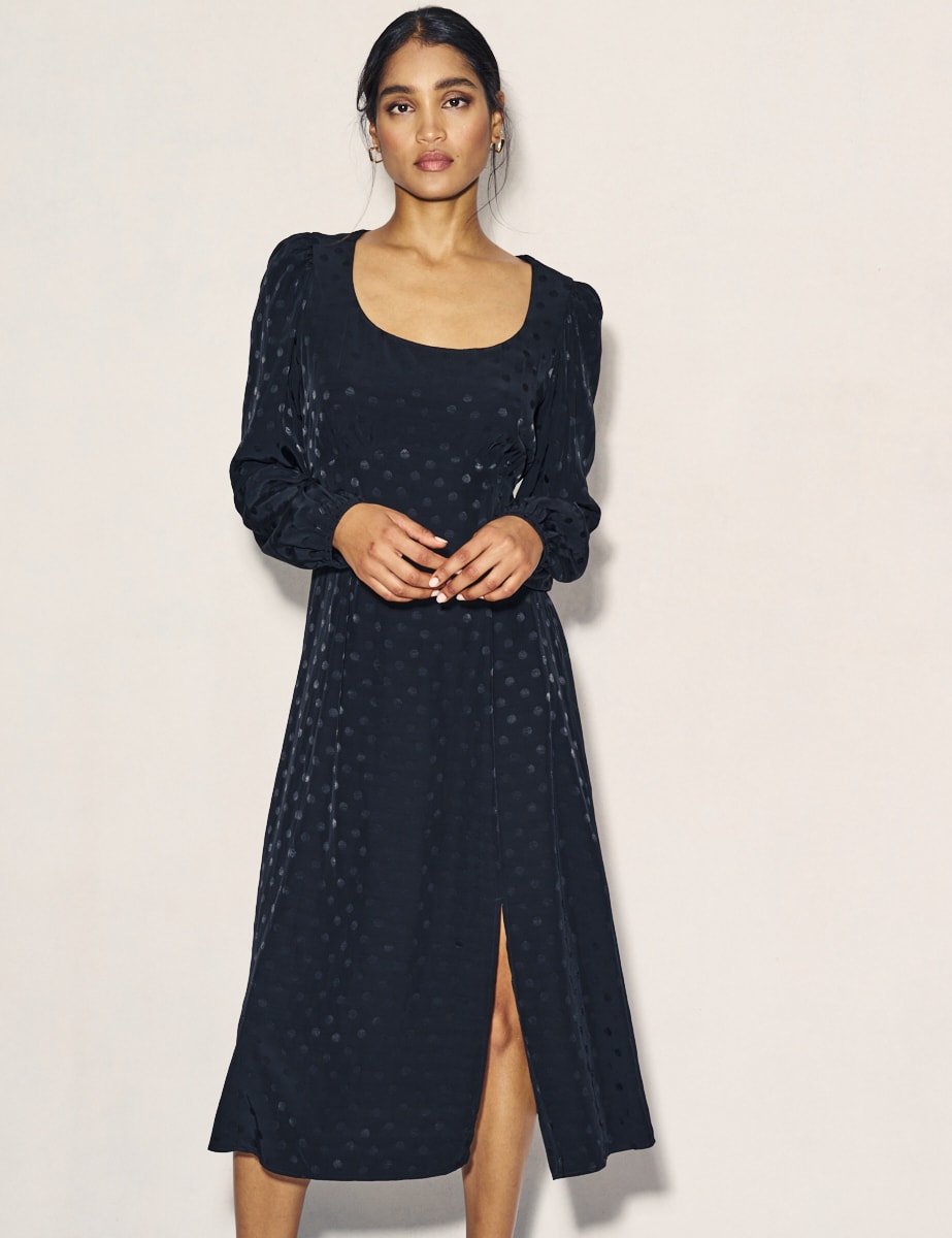 Black Satin Jacquard Long Sleeve Dee Dee Midi Dress