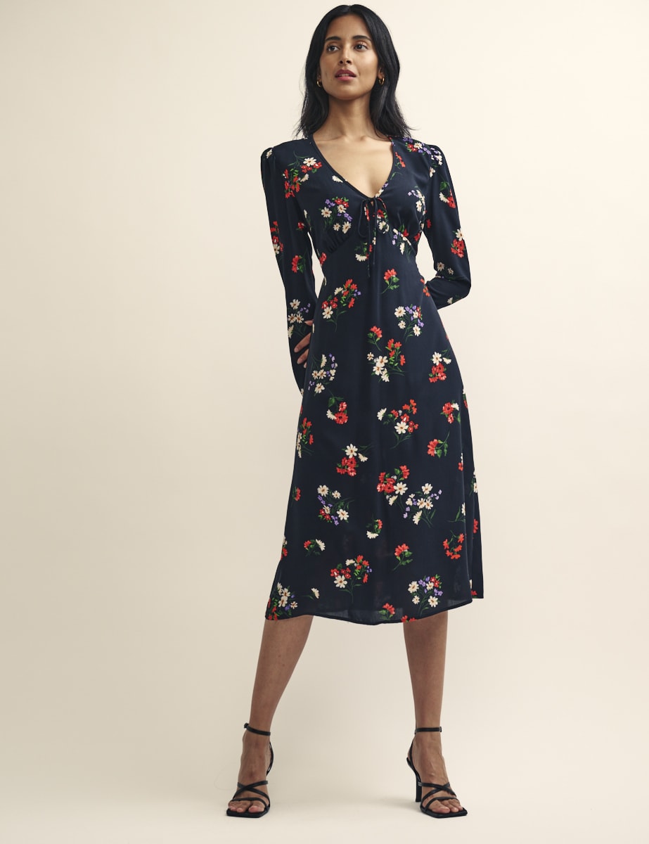 Black Wildflower Print Lily Midi Dress