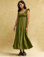 Olive Green Smock Maya Midi Dress