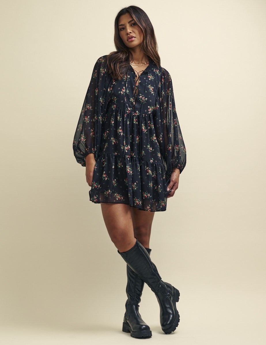 Black Ditsy Floral Tilda Chiffon Mini Dress
